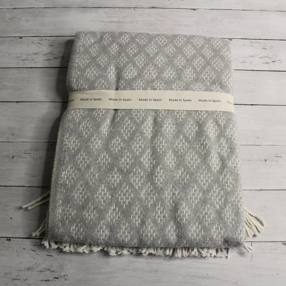 Made in Spain Throw Blanket Gray Cream with Fringe Cotton Blend